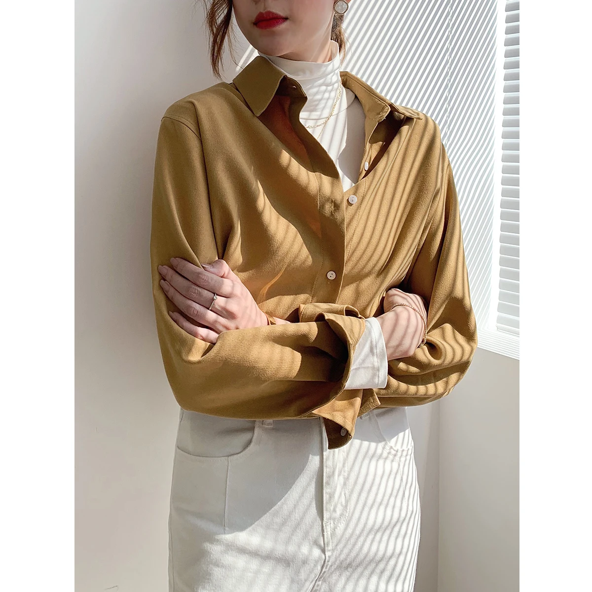 

Yellow Layered irt Women's Design Sensation Long Sve Career Faion Ladies Autumn Winter Top V-ne Button Closure Strai...