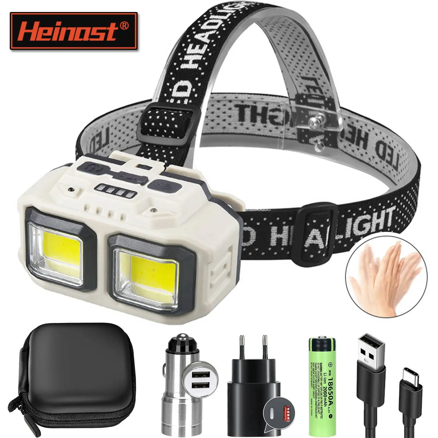 Heinast leistungs starke Cob LED Scheinwerfer USB wiederauf ladbare Kopf Taschenlampe 18650 Batterie wasserdichte Scheinwerfer Camping Angeln Laterne