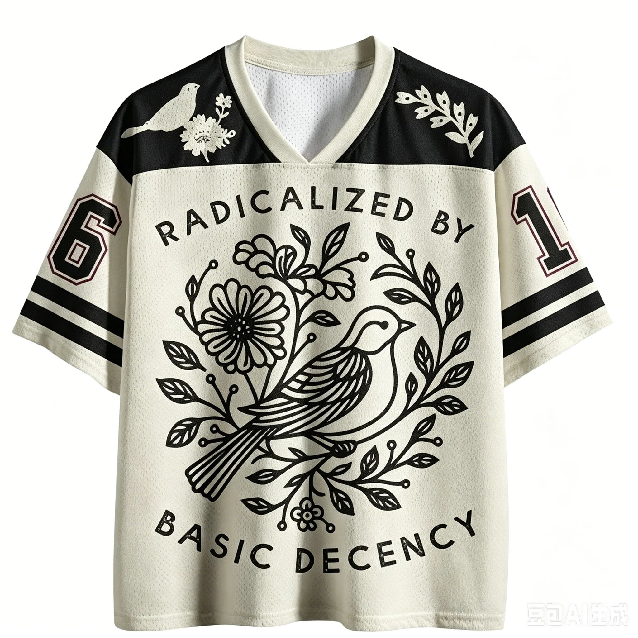 Unisex Large Size Aesthetic Breathable Graphic Tee Floral Bird Mesh Jersey Oversize Black & Cream Color Block Chic Brand Design