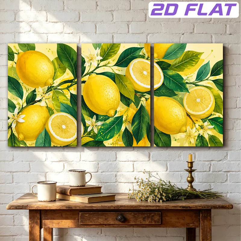 2D Flat, 2D Flat, 2D Flat 3pcs Unframed Canvas Painting Wall Art of Fresh Lemon Branch with Leaves Flowers to Brighten Up You