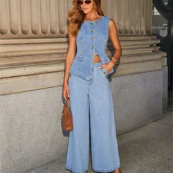 Streetwear Denim 2 Piece Sets Women Outfit Summer Clothes Women 2025 Sleeveless Vest Top Wide Leg Pants Sets Jeans Two Piece Set