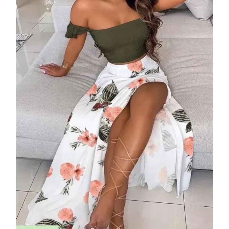 2024 Summer New Women\'s Clothing Fashion Sexy Digital Floral-Print off-Shoulder Split Dress Two-Piece Set