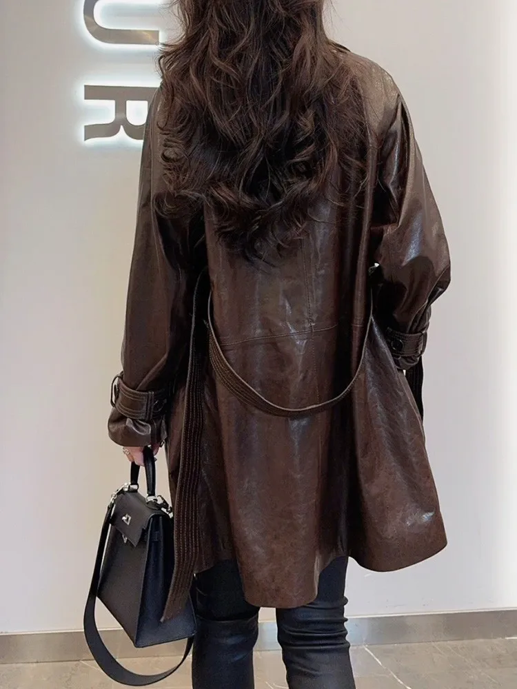 Korean Style Chic Females Luxury Genuine Leather Jacket Coat Mid Long Notched Collar Belt Windbreaker Real Sheepskin Outerwear