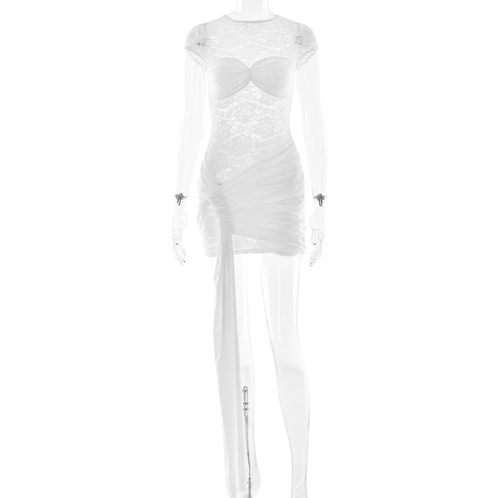 Sukienka mini typu bodycon z koronką, w stylu ins, nowa moda damska, seksowna, z wycięciami, prześwitująca, z wstążką.
