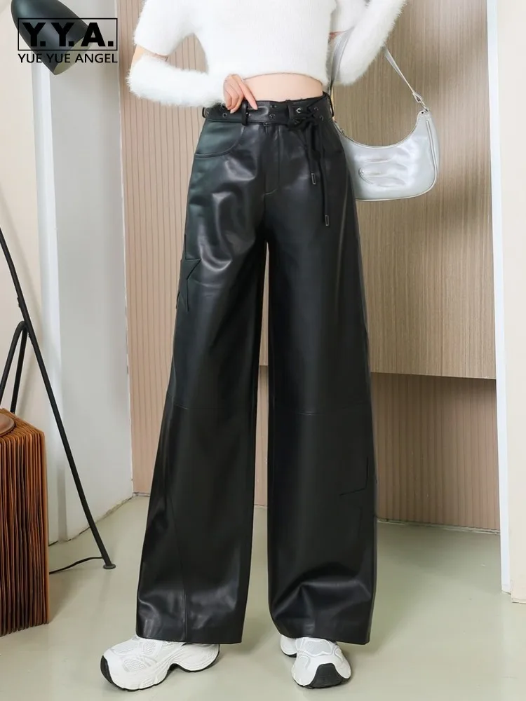 Women Genuine Leather Pants Lace Up High Waist Casual Wide Leg Trousers Loose Fit Hip Hop Real Sheepskin Straight  Pants S-4XL