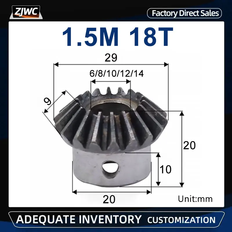 Bevel Gear 1.5 Modulus 18 Teeth With Inner Hole 6/8 keyway3/10 keyway4/12 keyway4/14mm 90 Degree Drive Commutation Steel Gears