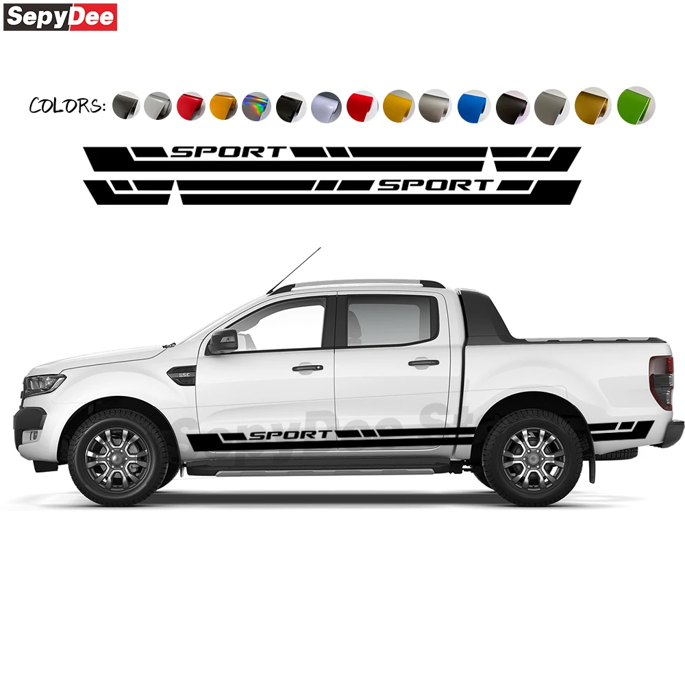 2Pcs Racing Sport Car Door Side Stickers for Ford Ranger Body Decor Rocker Panel Long Stripe Vinyl Film Decal