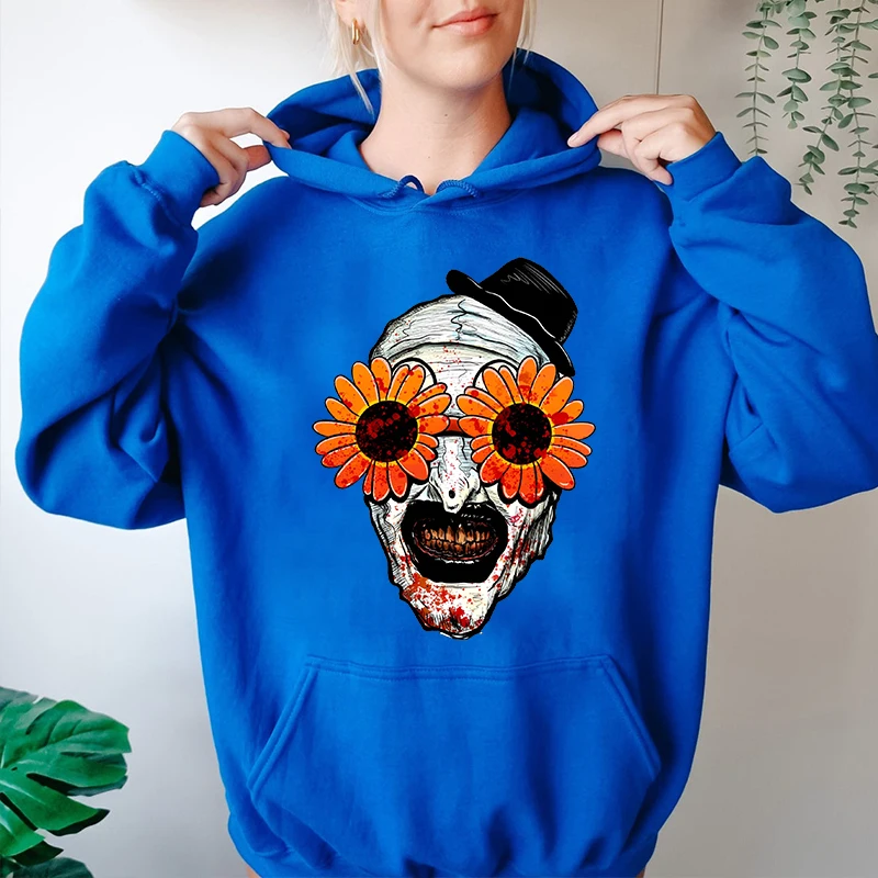 The Clown Sunflower Sunglasses Halloween Print Women\'s Autumn and Winter Hoodies Plus Velvet Sweater Loose Tops