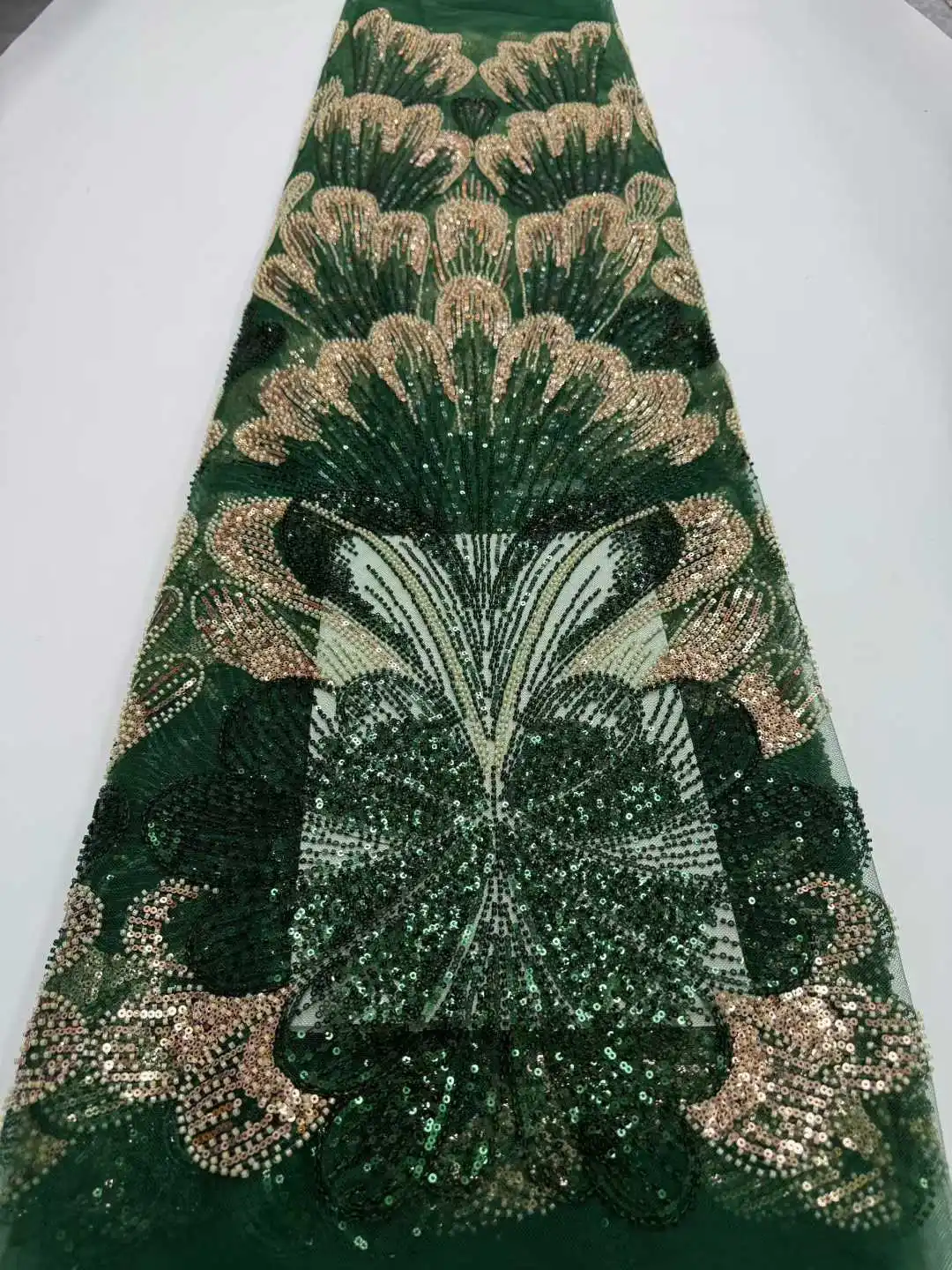 

African Green Luxury Lace Fabric Beads With Sequins 2026 High Quality 5Yards Nigerian Mesh Lace Material For Party Wedding Dress