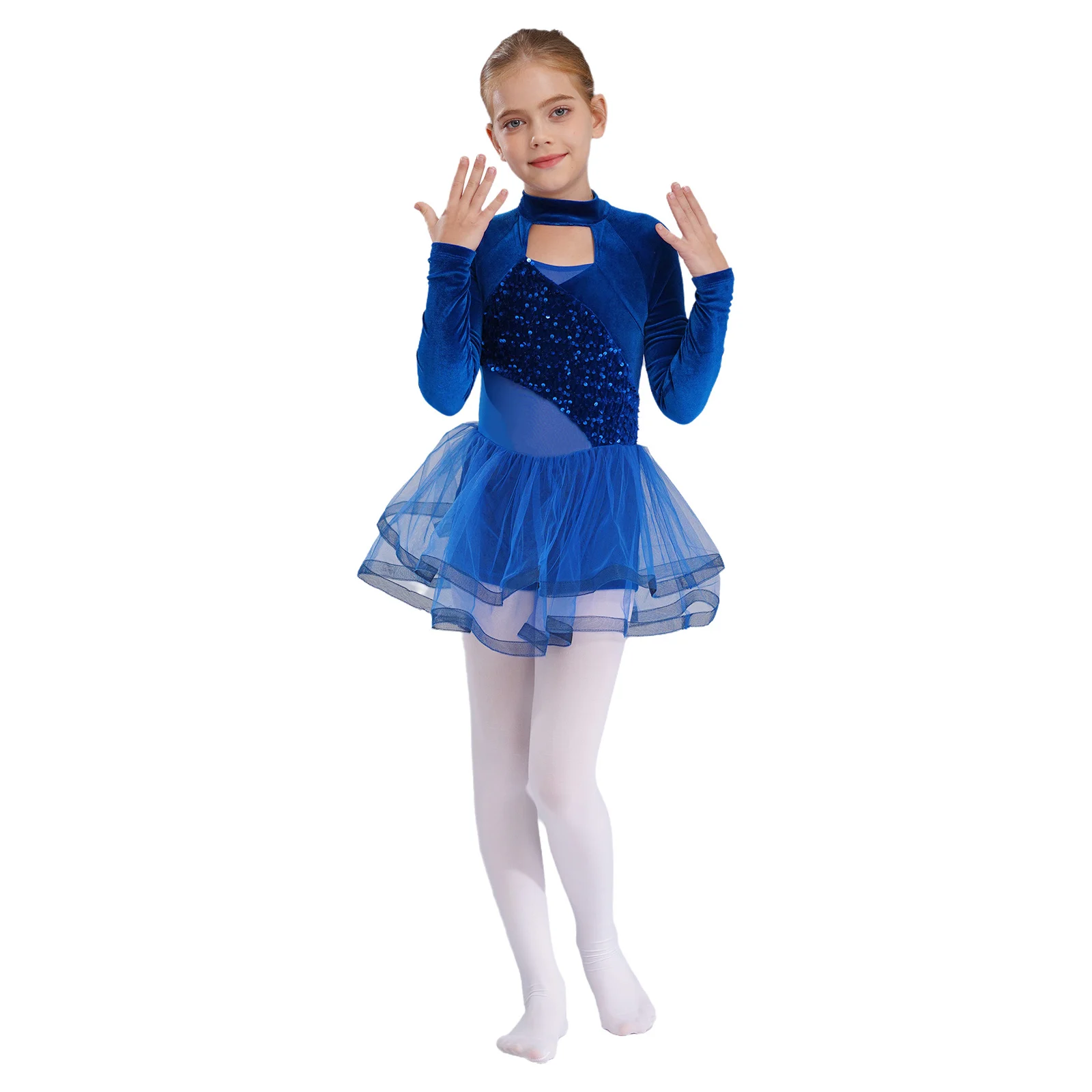 Kids Girls Sparkling Sequins Ballet Lyrical Dance Dresses Long Sleeve Gymnastics Skating Costume Cutout Velvet Ballet Tutu Dress