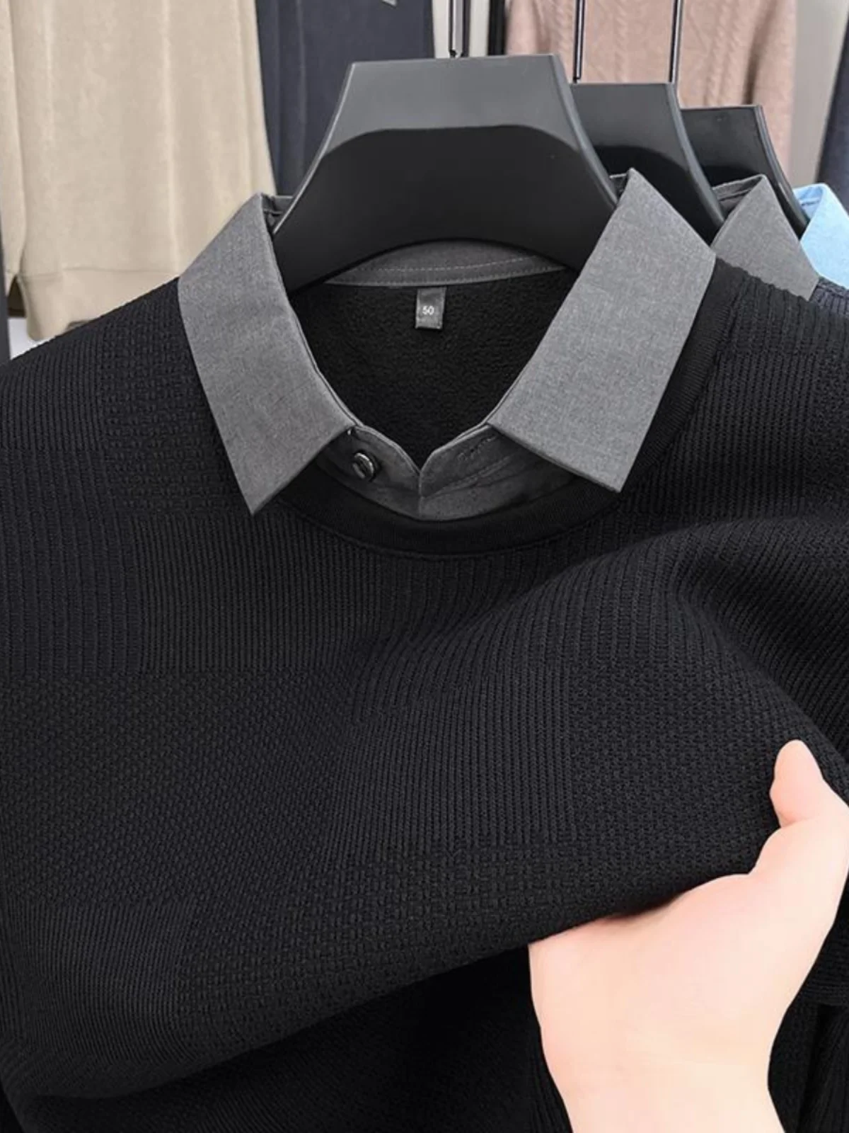 

2024 Winter Thiened Fce Lined Casual Knitwear irt Collar Warm Busin Casual Sle Long Sve Pullover Swe...