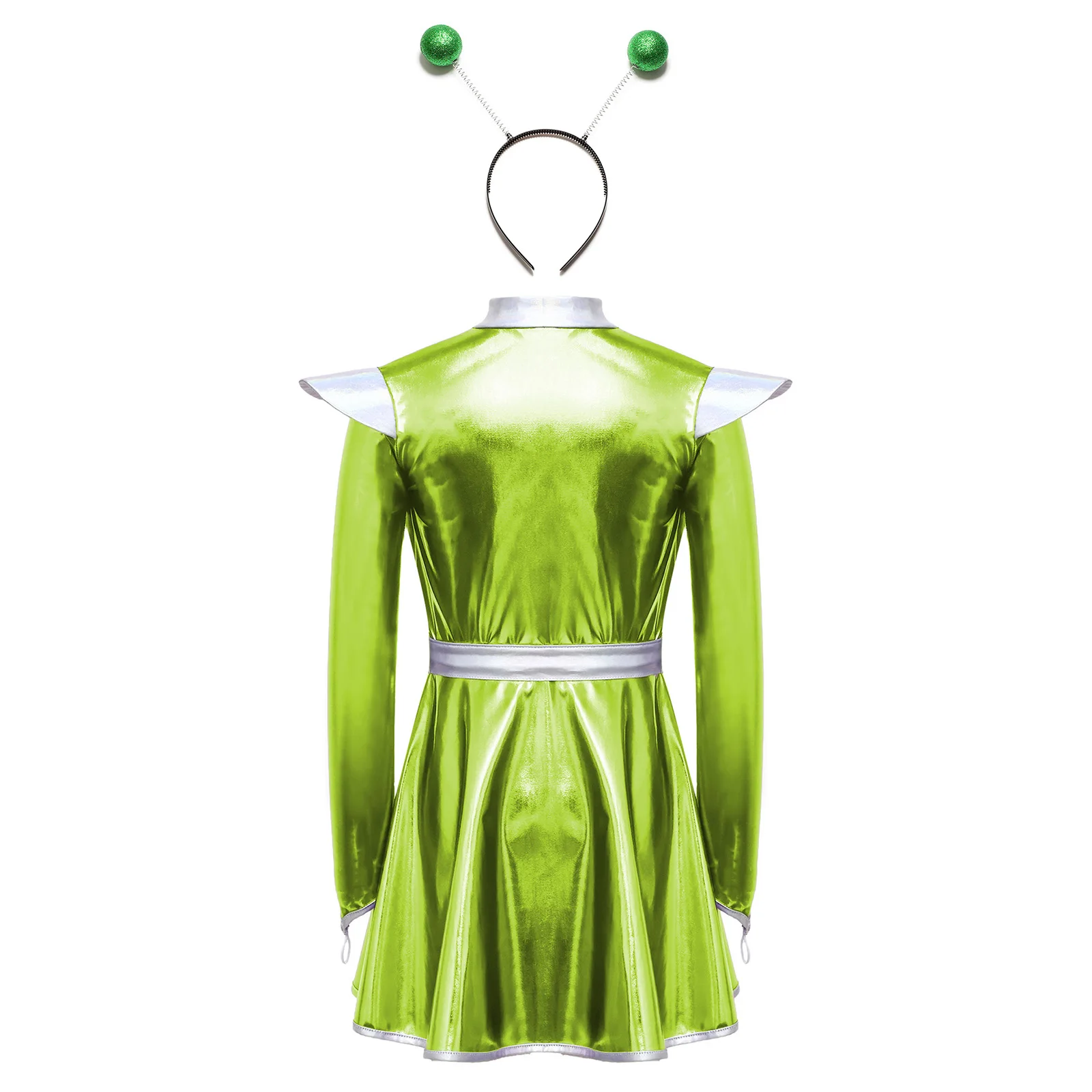 Kids Girls Alien Robot Cosplay Costume Metallic Long Sleeves Zipper A Line Dress with Hair Hoop for Halloween Outer Space Party - view 4