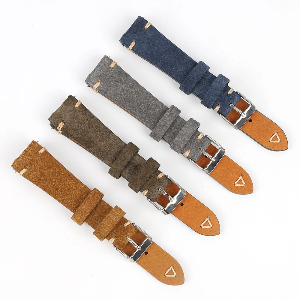 

Vintage Soft Suede Watch Band Brown Gray Blue 20mm 22mm Watch Strap Replacement Handmade Stitching Quick Release Strap for Men