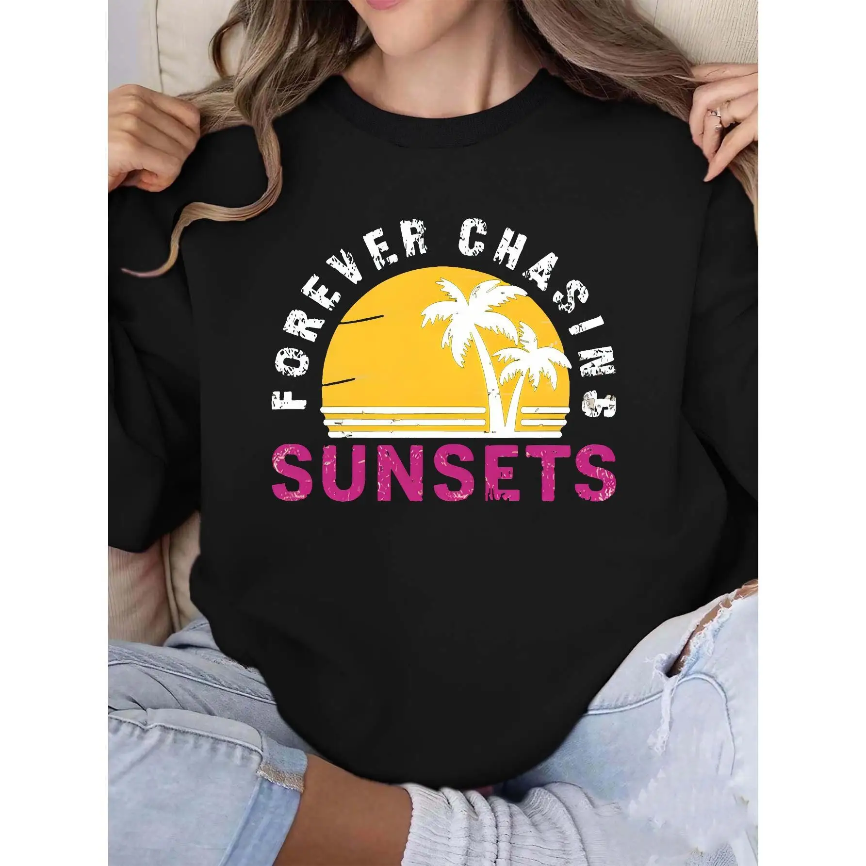 

"Forever Chasing Sunsets" Sweatshirt Unisex Retro Beach Graphic Pullover Vacation Travel Ocean Lover Cotton Top Holiday Gift