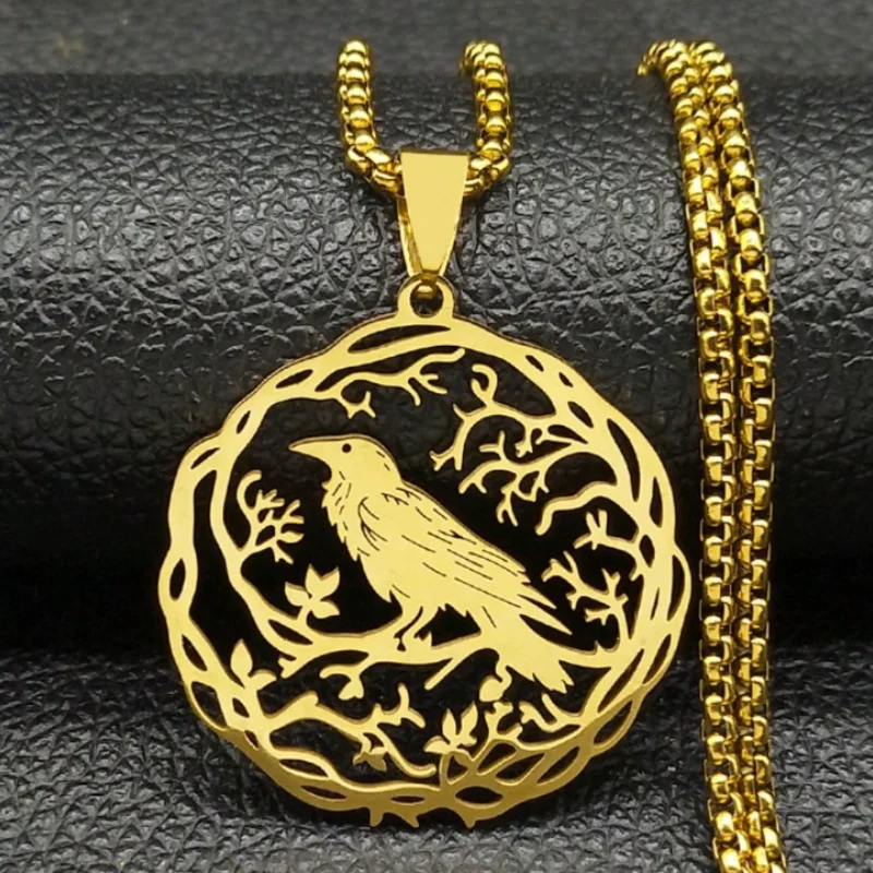 Gothic Black Crow Tree Of Life Bird Pendant Necklace For Women Men Stainless Steel Hip Hop Raven Animal Plant Jewelry Party Gift