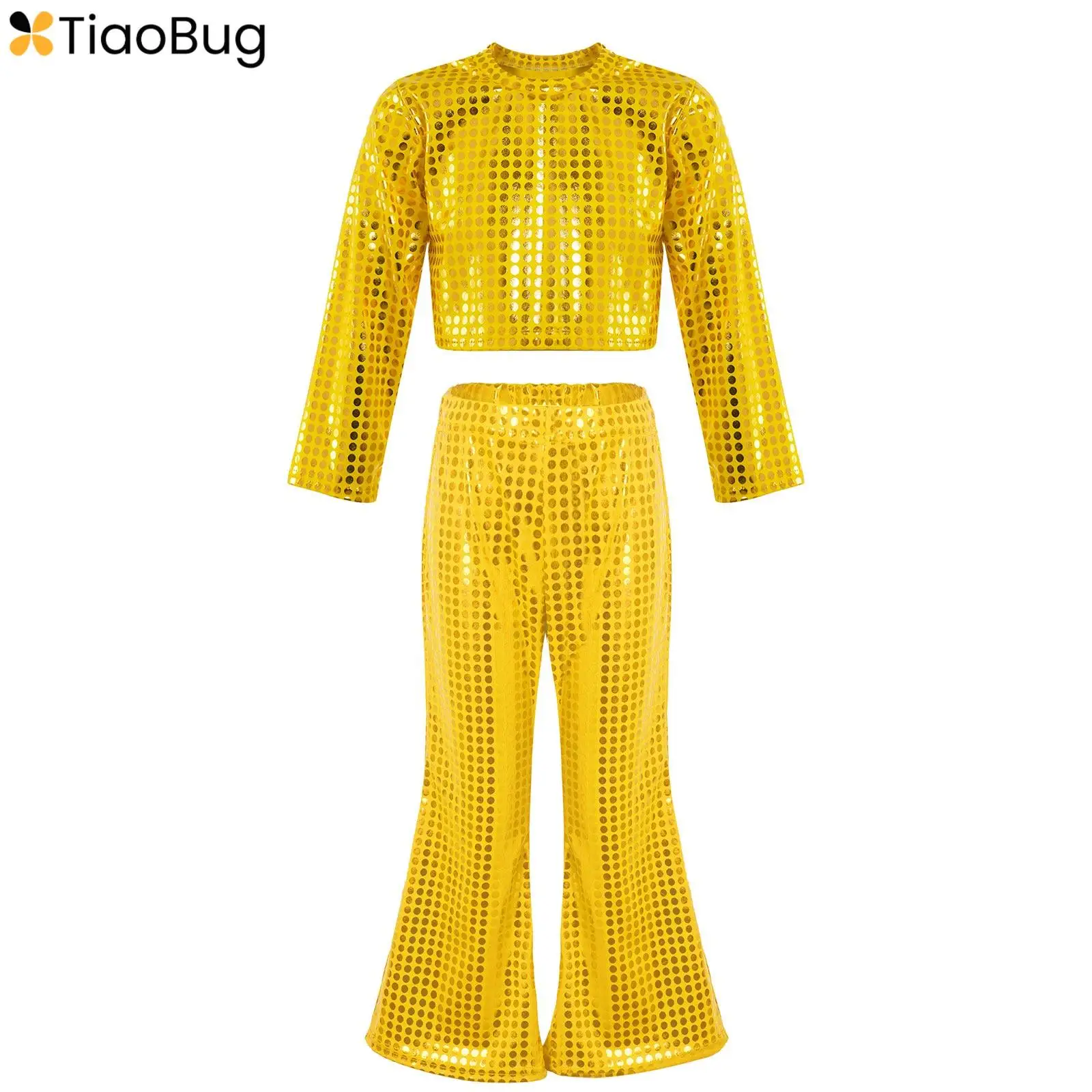 

Kids Girls Boys Sequins Hip-hop Jazz Dance Outfits T-shirt Tops with Flared Pants Set Stage Performance Disco Costume Dancewear