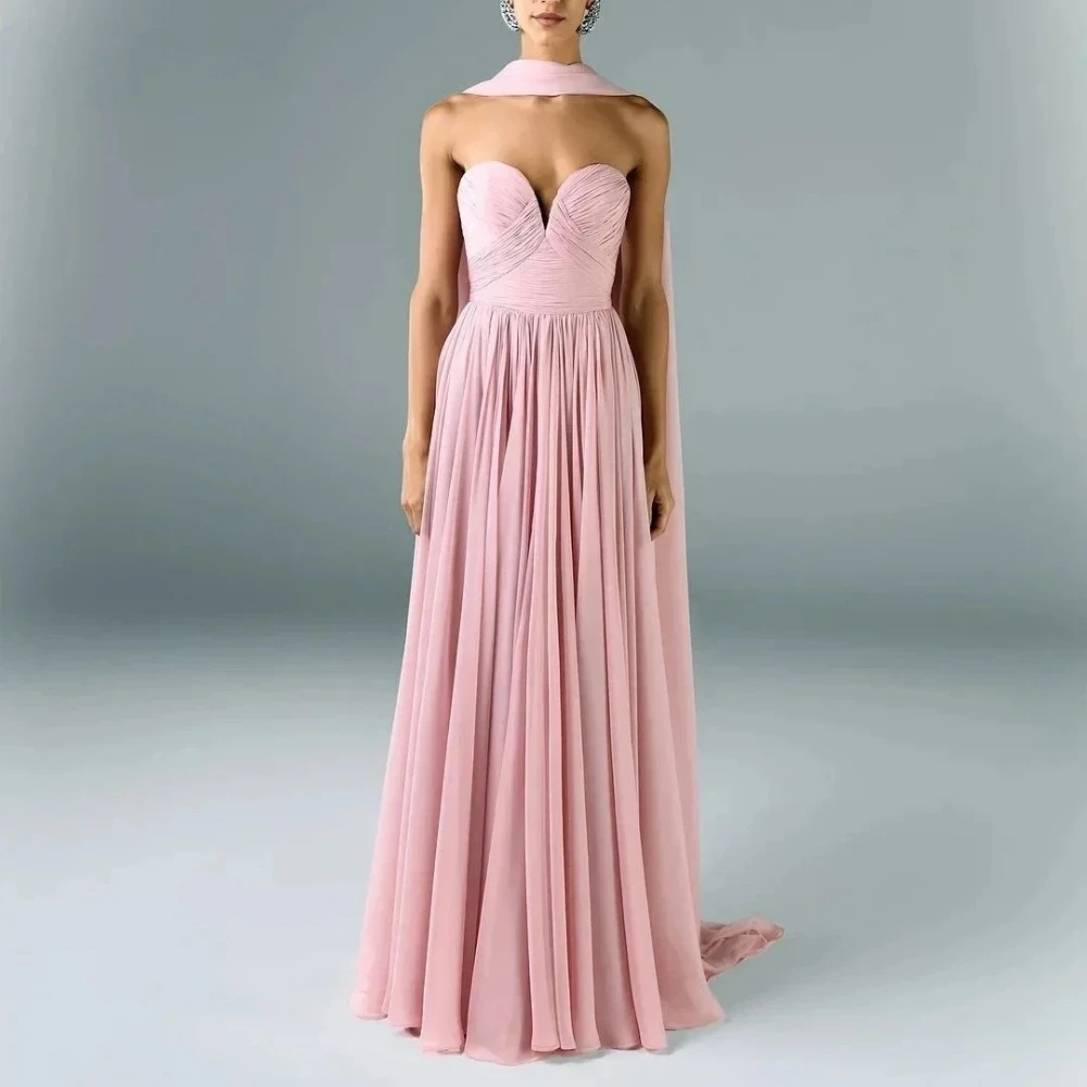 

Elegant Pink Evening Dress Customized Chiffon A-Line Sweetheart Neck Floor Length Prom Gown with Scarf Zipper Back Party Dress