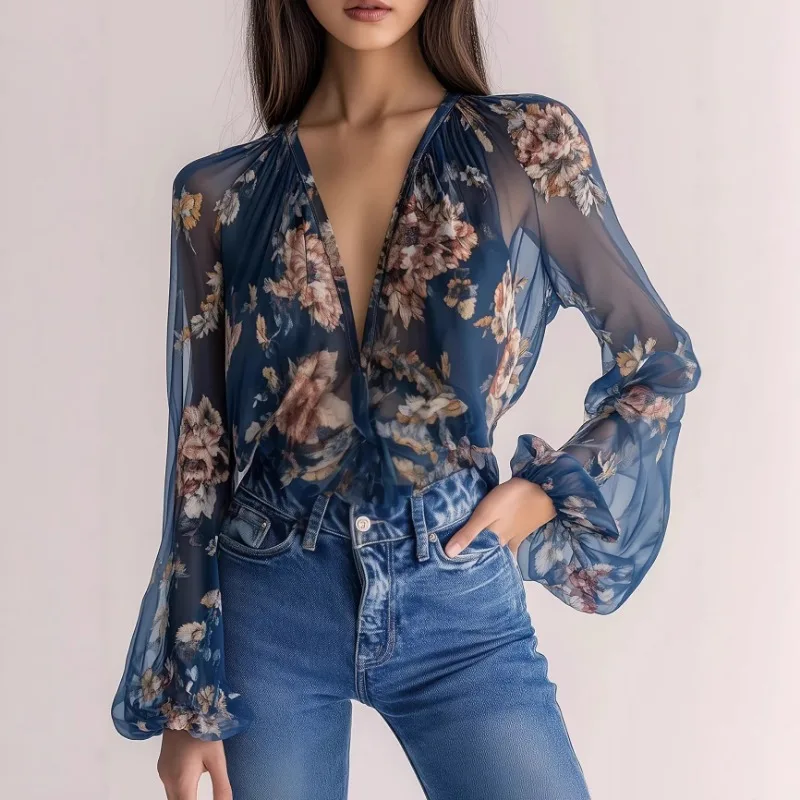 Elegant Floral Print Blouse Women V-neck Ruched Long Sleeve Shirt Spring Autumn Fashion Boho Vacation Party Daily Casual Tops