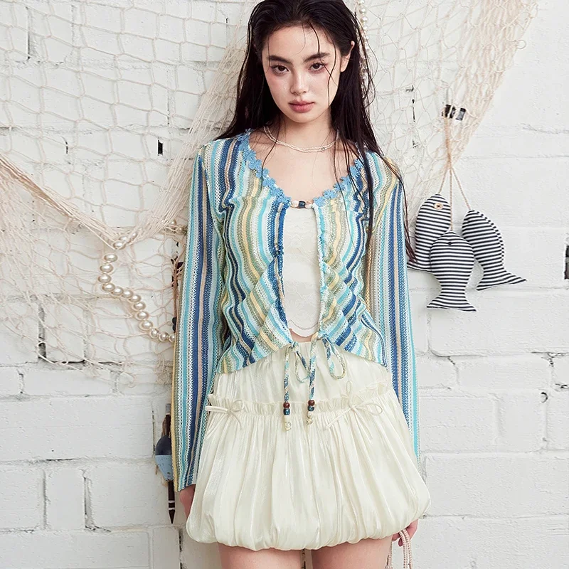 ELFSACK Elastic Waist Drawstring Bubble Mini Skirt, Shiny Satin Ruffle High Waist Skirt, Sweet Daily Casual Bottom