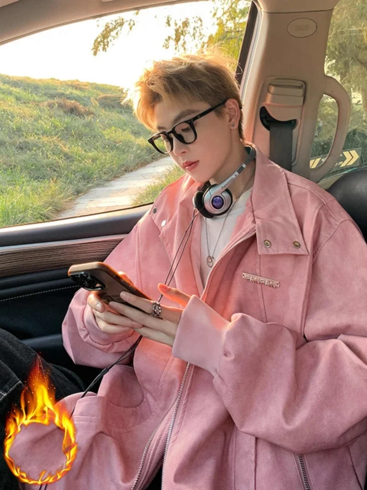 

Розовая куртка из искусственной кожи для мужчин, утепленная хлопковой подкладкой, свободного кроя, осенне-зимняя верхняя одежда, молодежная модная куртка из полиэфирного волокна