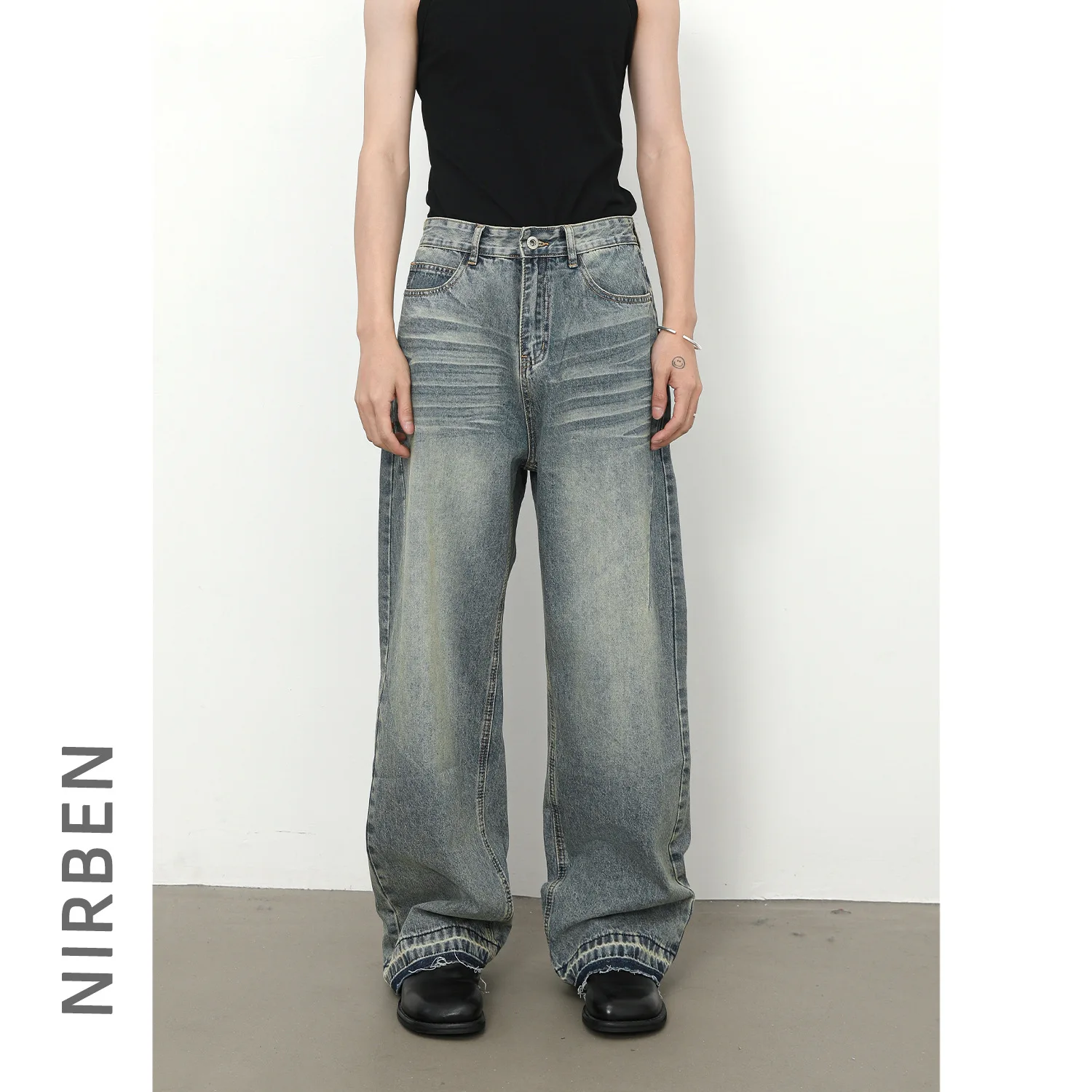 Denim Rough Edge Washing Water Old Wide Leg Jeans Men's American Retro Loose Straight Versatile Trousers