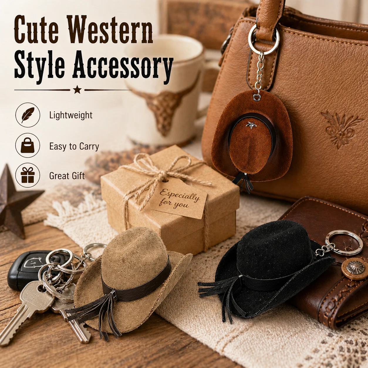 Mini Cowboy Hat Keychain - 3 Colors, Decorative Suede-like Design, Key Ring Accessory for Keys, Bags, Backpacks - Perfect Gift view 5