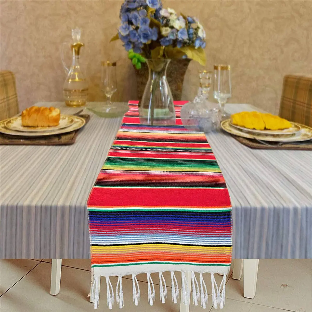 

Rank! 8Pack 14 By 84 Inch Mexican Table Runner 14 X 84 Inch Mexican Party Wedding Decorations Fringe Cotton Serape Blanket Red