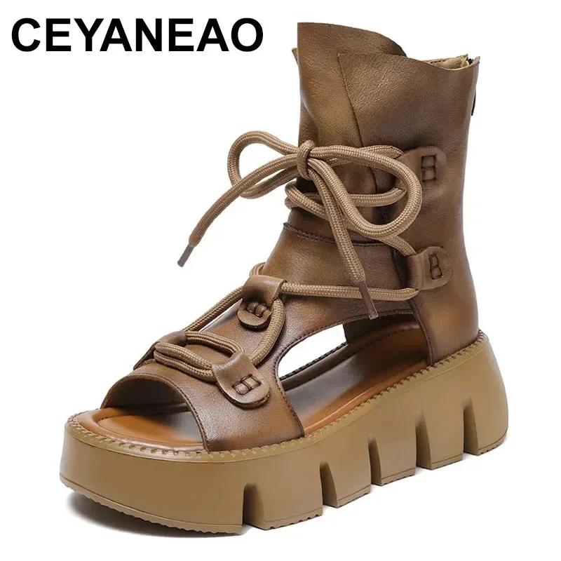 

High Quality Women Sandals Handmade Retro Wedges Heel Sandals Ladies Lace-up Back Zipper Platform Roman Cool Boots