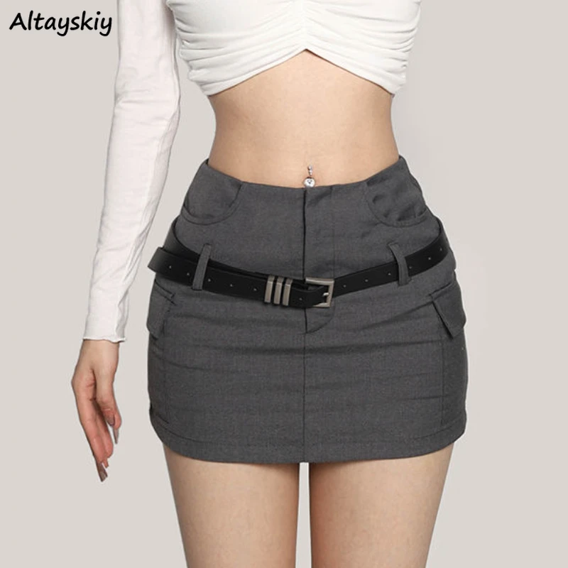 Sexy Mini Skirts for Women Y2k Streetwear Hot Girls Punk High Waist Korean Fashion Slim Charming Pure Color A-line Skirt Belted