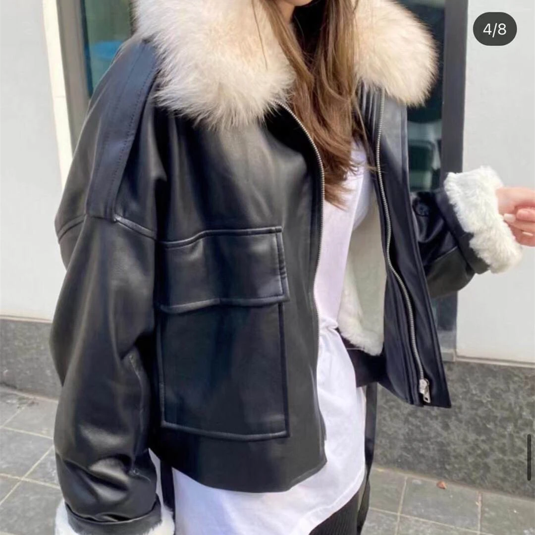Women\'s Winter PU Leather Jacket, Female Faux Fur Collar Fleece Coats