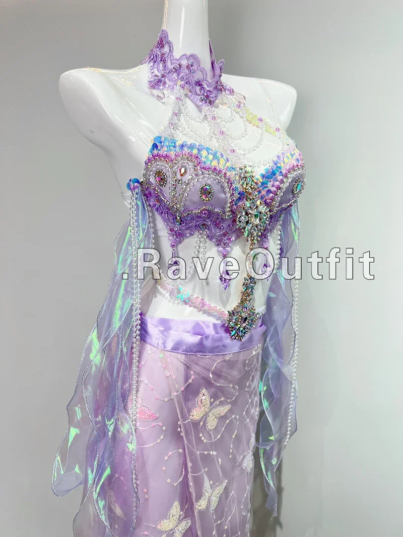 Illusory Purple Sexy Bikini Sets Mesh Tutu Skirts Suit Music Festival Costumes Nightclub Bar Dj Women Gogo Dancers Stage Outfits