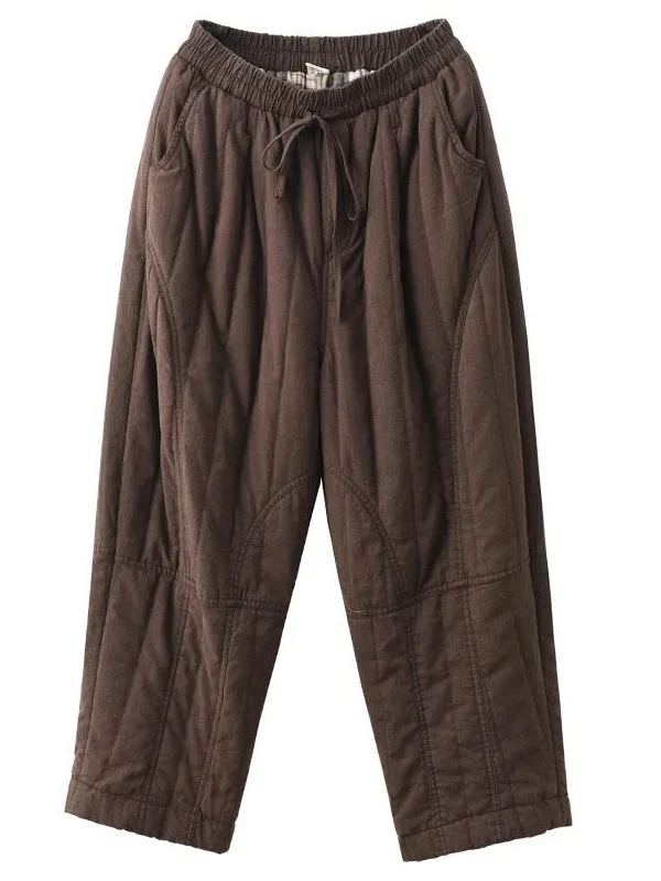 Thiened سراويل قطنية المرأة الشتاء عالية الخصر مستقيم الساق السراويل الفانيلا اصطف الكتان الرمال Waed الدافئة منقوشة بنطلون #4