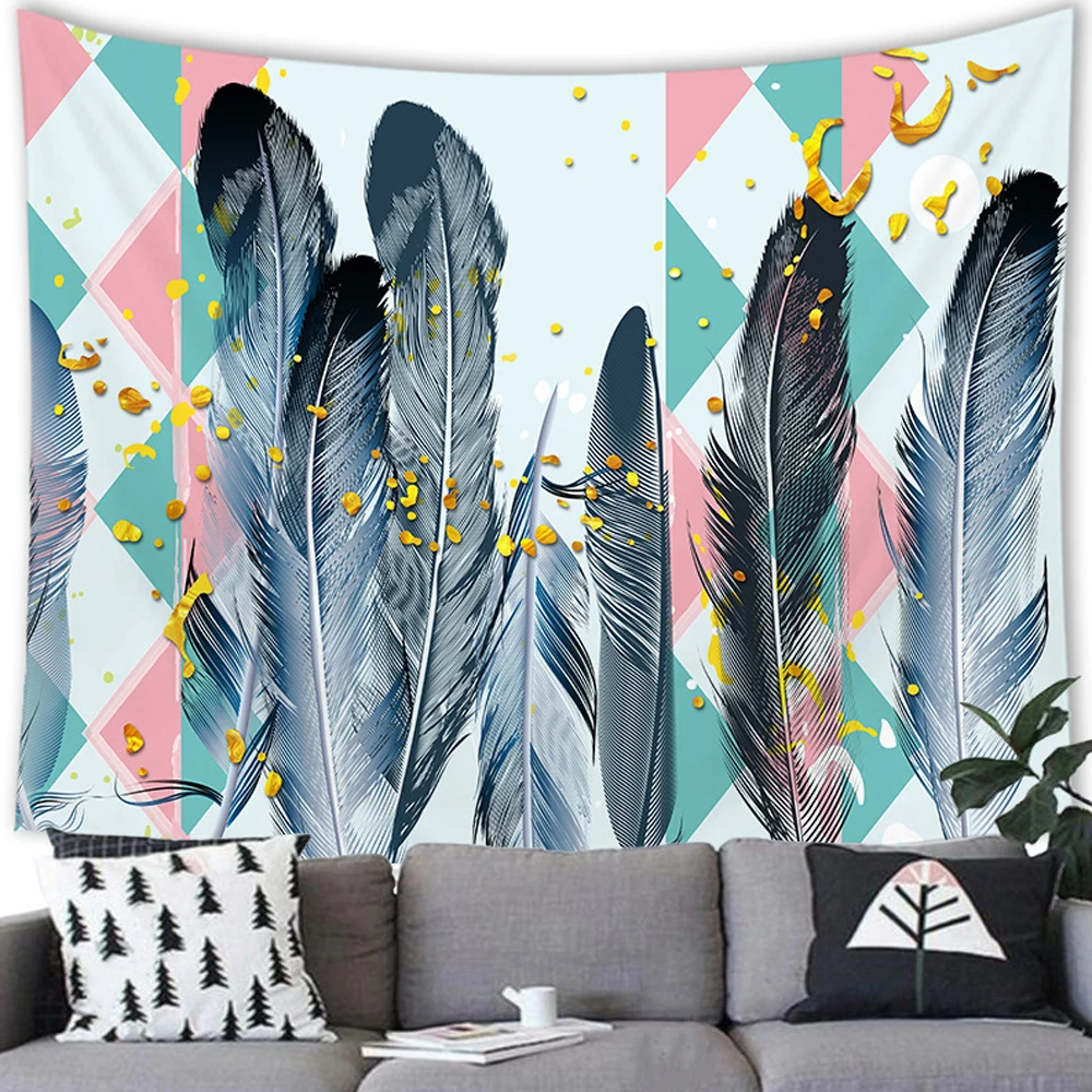 Colorful Feather Tapestry Watercolor Interlaced Overlapping Bird Feathers Tapestries Bedroom Living Room Dorm Decor Wall Hanging