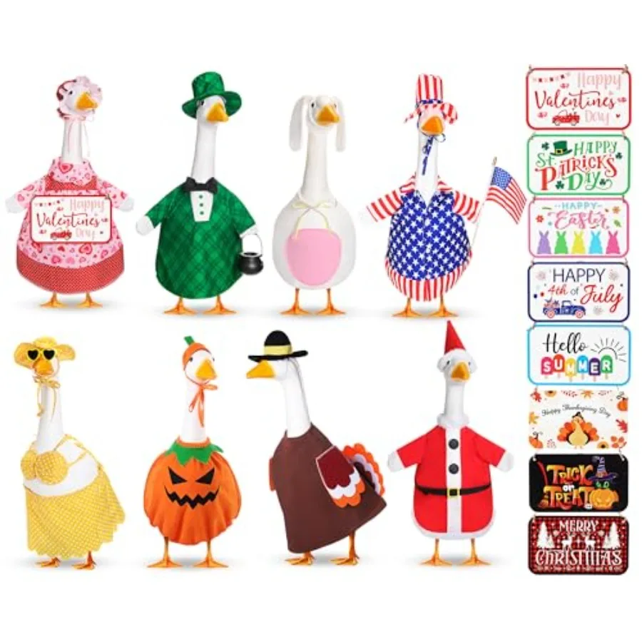 

8 Set Seasonal Holiday Goose Outfits with Wooden Signs for Valentine's Day St. Patrick's Day Easter Porch Statue Outfits All Se