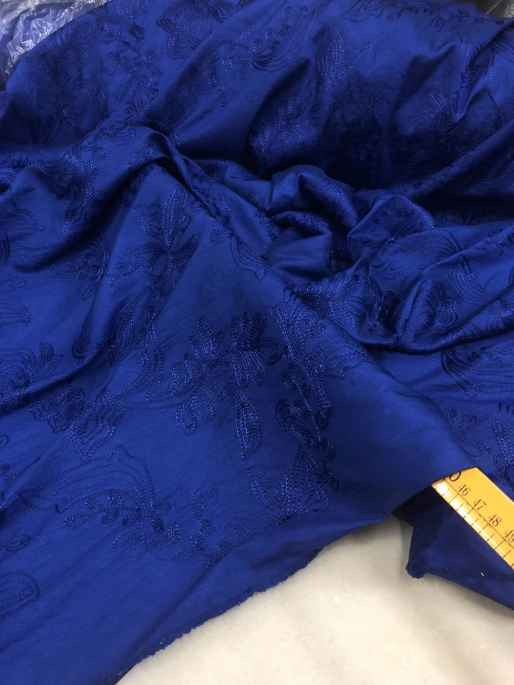 Embroidered Satin Fabric Thin Blue Chinese Style Clothing Cheongsam Skirt Designer Apparel Sewing Fabrics Cloth Diy Sew By Meter