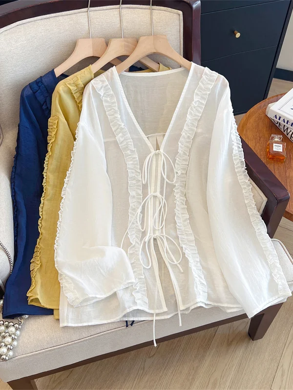 Retro Beautiful Wood ain  Tie V-ne Sun Protection irt Women Summer Thin Loose Long Sve Open Cardigan Top