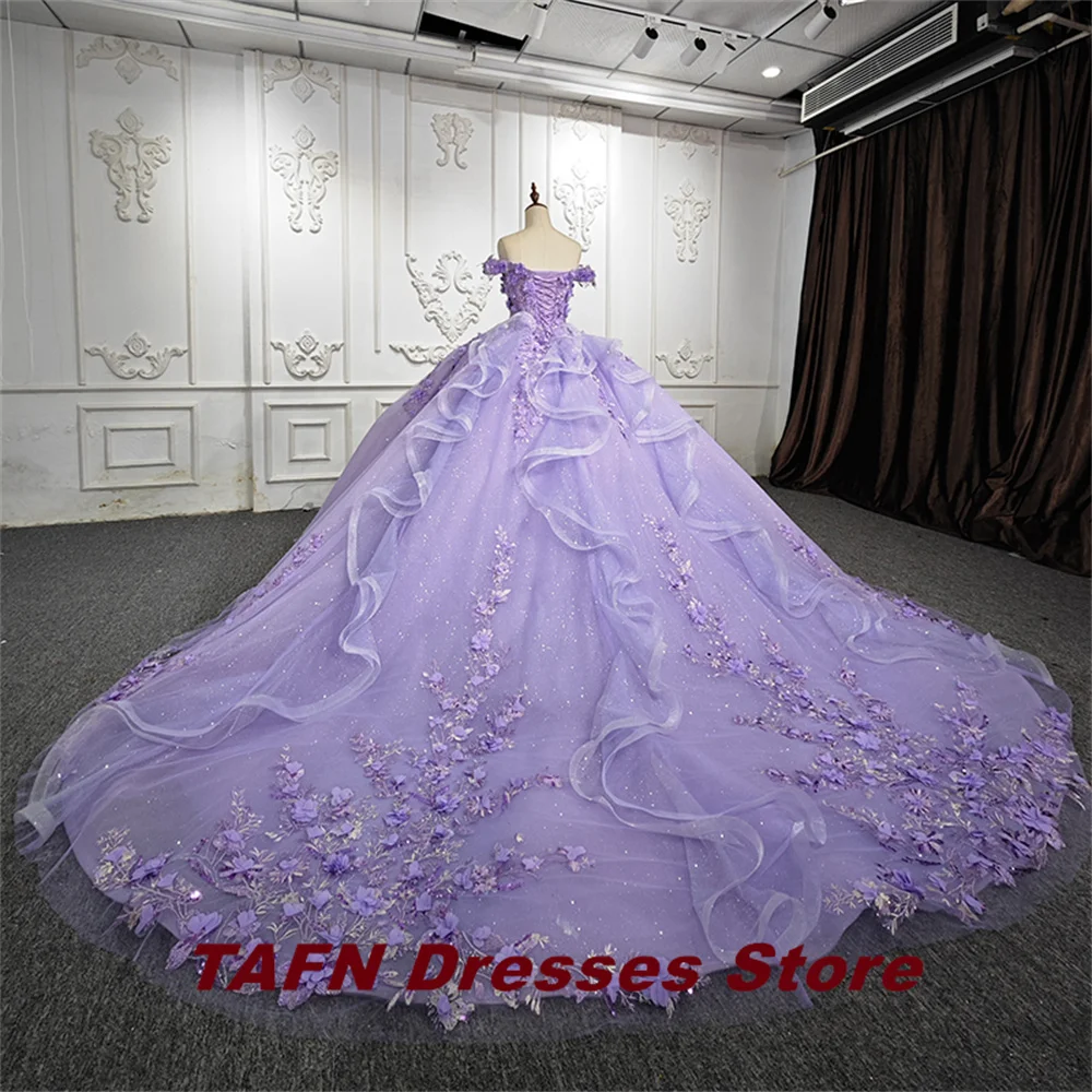 Роскошные фиолетовые платья TAFN для Quinceanera с открытыми плечами с цветочной аппликацией бальное платье трапециевидной формы со шлейфом для часовни 15 лет