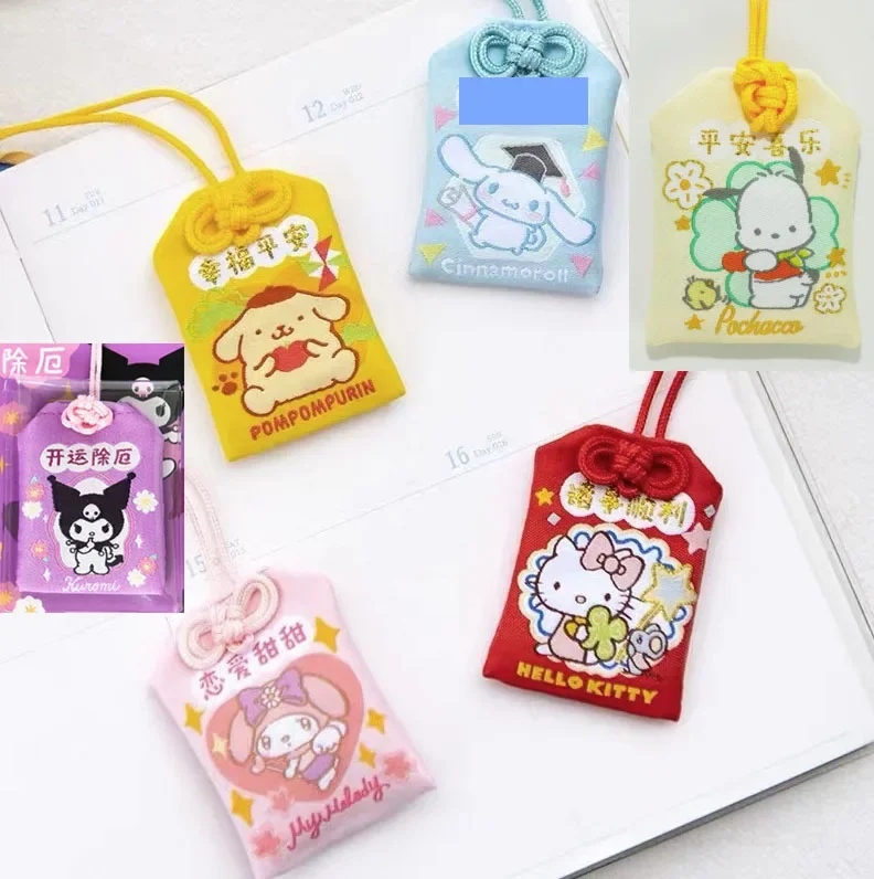 Sanrio Hello Kitty sleutelhanger hanger Kuromi Cinnamoroll zegen borduurwerk geluk beschermende tas creatieve amulet vriend cadeau