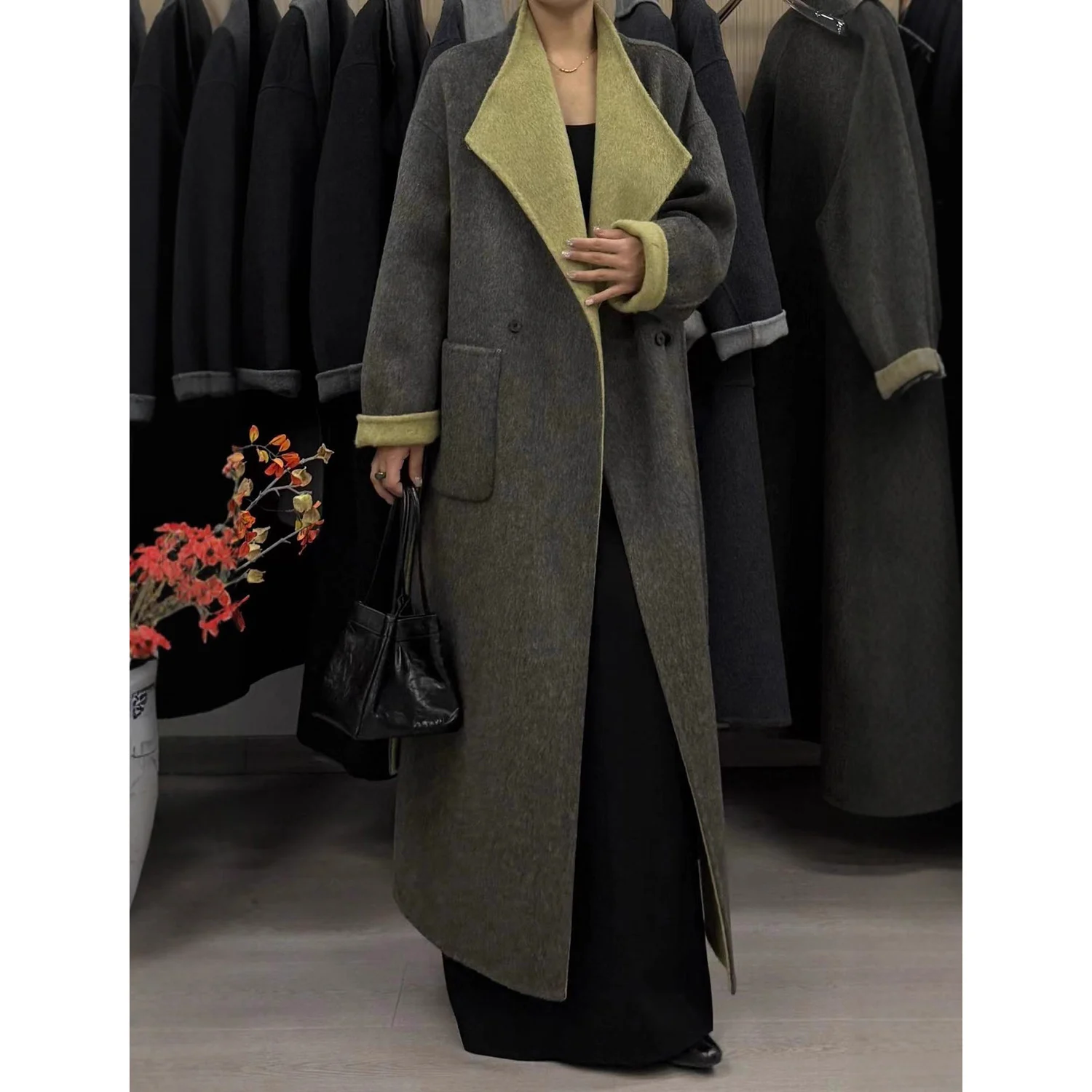 Allingentle Luxury Women's Long Blazer Woolen Color-Blocking Design Jacket for Cocktail Party Daily Casual Outfits Customize