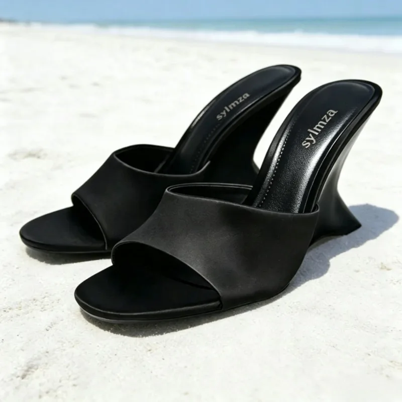 High-quality Black Satin Wedges Slipper Women Summer Sexy Open-toe Slide Sandals Elegant Round-toe Designer Shoe Sandalias Mujer