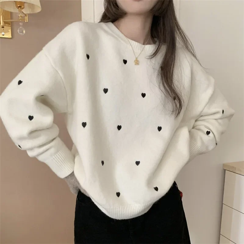 여성용 러브 프린트 풀오버, O넥, 느슨한 부드러운 스웨터, 프렌치 스위트, 레이지 캐주얼 니트 탑, 가을, 겨울
