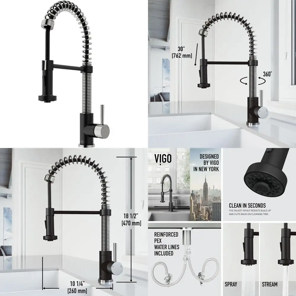 19인치 무광 블랙 싱글 핸들 풀다운 스프레이 주방 수도꼭지, 스테인리스 스틸 마감, 모던 디자인