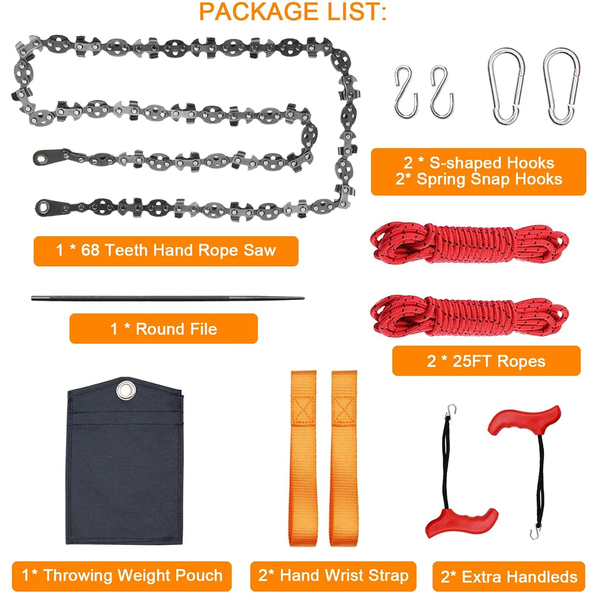 53 Inch Hand Rope Chain Saw 68 Teeth Folding Pocket Rope Chainsaw Tree Cutting Tool for Gardening Camping Outdoor Survive Tool