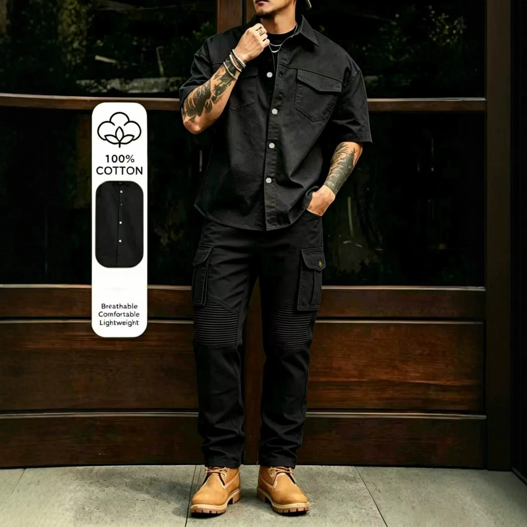 New Men's Casual Workwear 100% Cotton Multi-Pocket Short-Sleeved Shirt and Pants Set - H0448 view 2