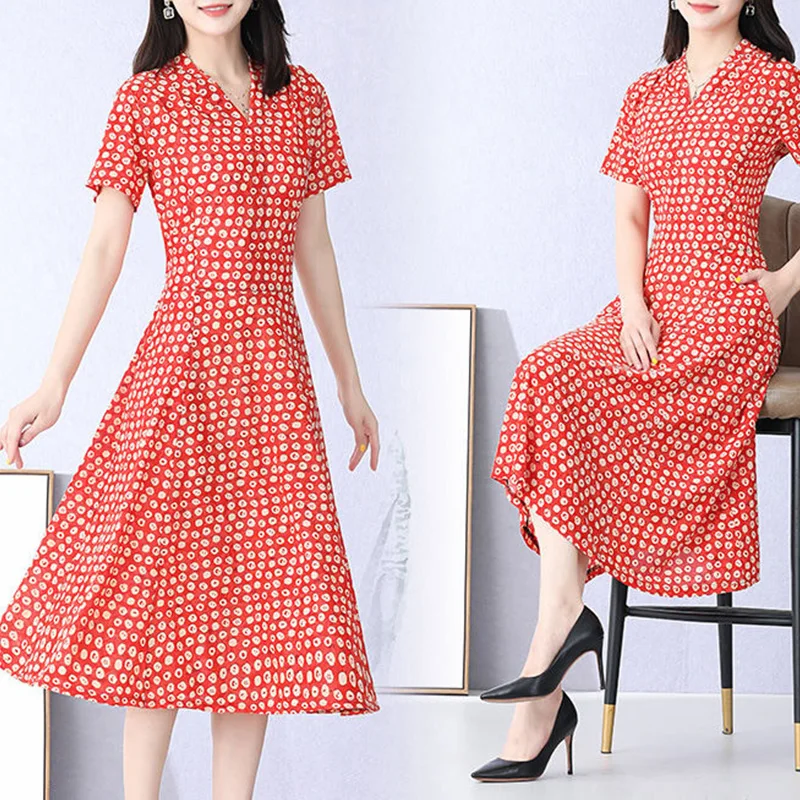 Simplicity Commuting Summer V-Neck Vintage Print Short Sleeve Knot Design Loose Hemline Multi-element Womens Mid Length Dresses