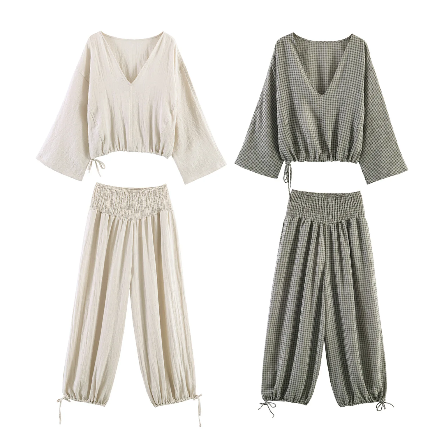 Spring V-Neck Long Sleeve Loose Shirt and Elastic Waist Pants Set For Women Office Daily Pants Suit All-Match Ladies Blouses Set