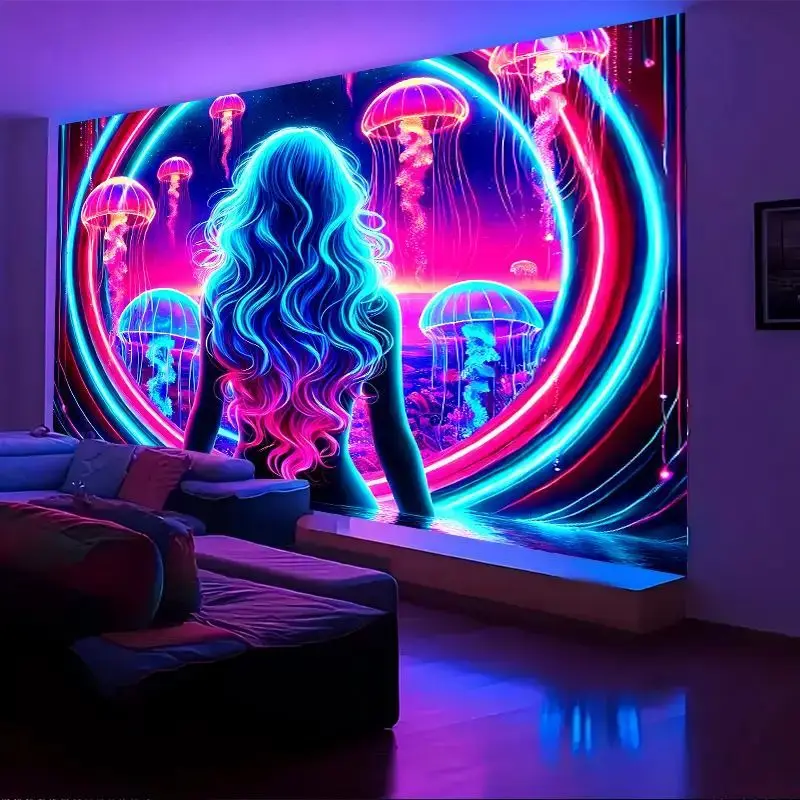 VIKAMA Neon Jellyfish Woman Back Wall Tapestry Blue Pink Glow Long Hair Circle Ring Cyberpunk Psychedelic Ocean Decor Charming