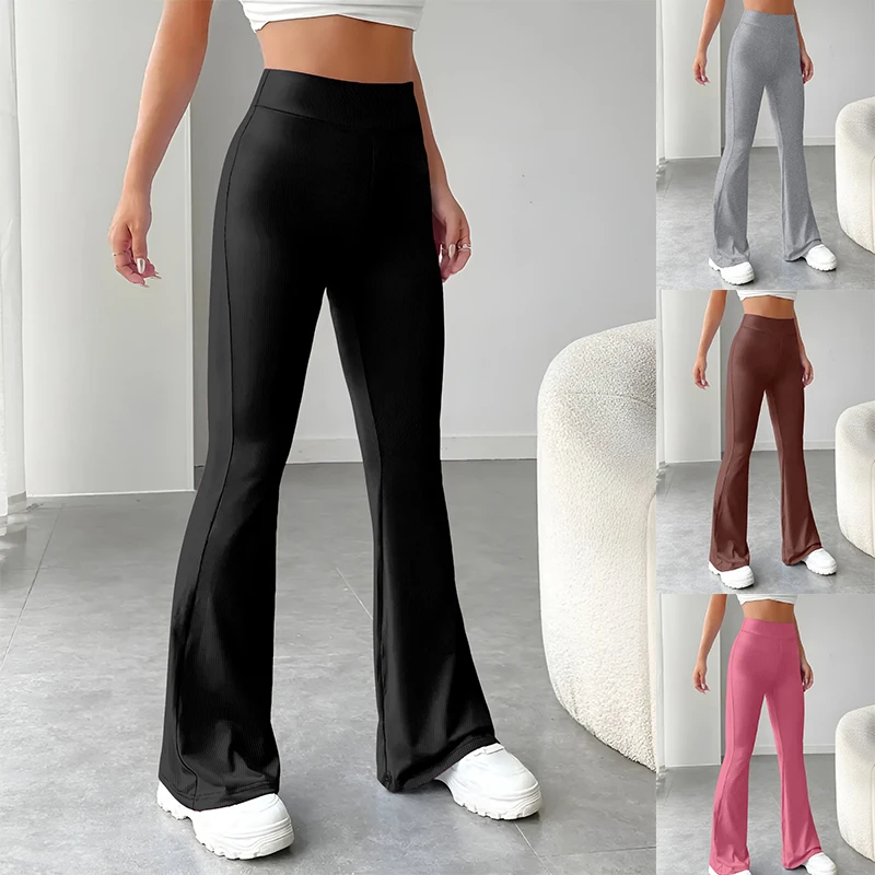 Women Solid Color Fashion Pants Ribbed Flared Pants Casual Slim New Thin Female Pants High Waisted Street Wear