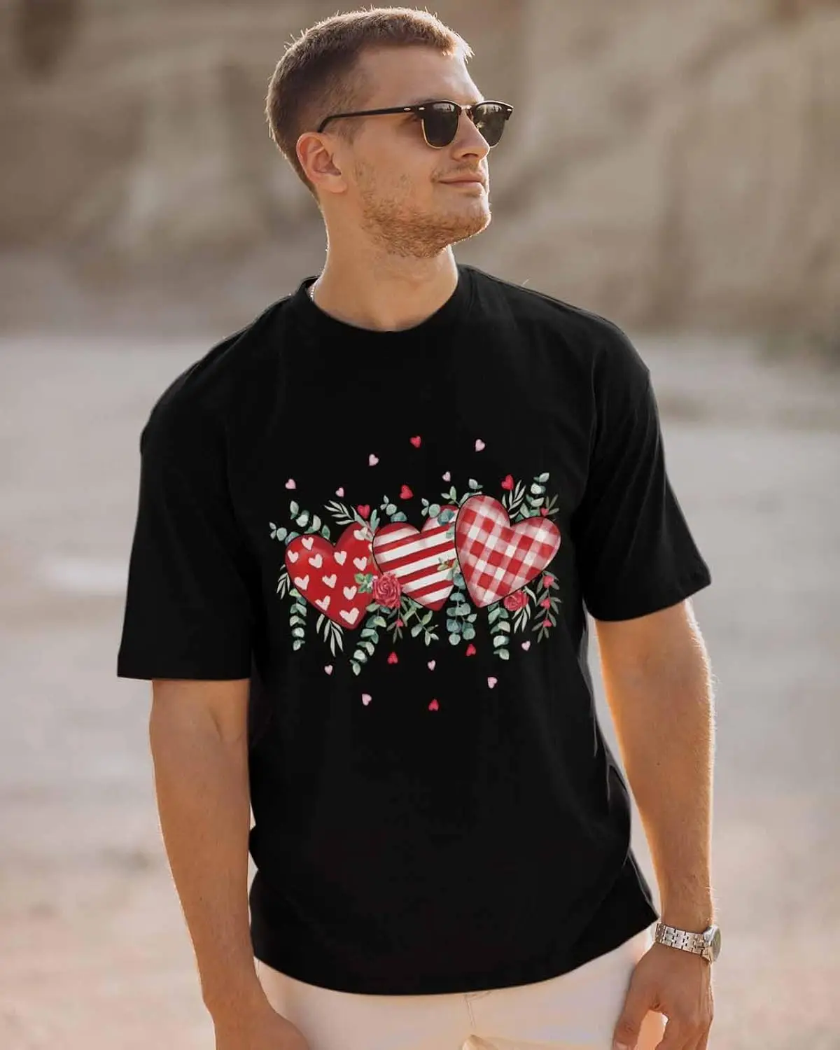 Men's T-Shirt, Novelty Graphic T-Shirt Red Love Heart Eucalyptus Leaves Cotton Crew Neck Men's Short