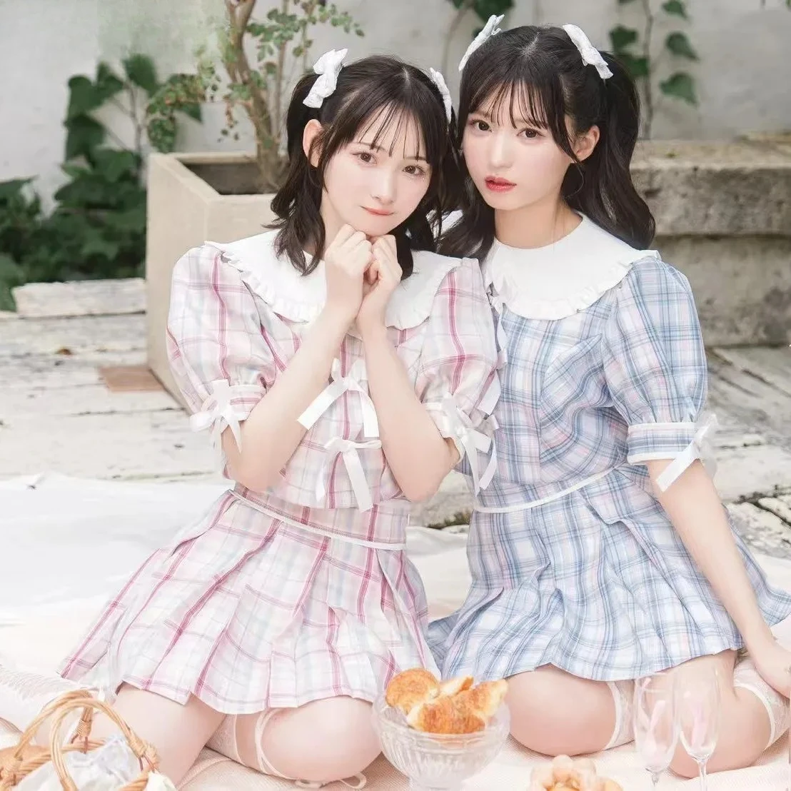 

Japanese Summer New Doll Collar Bow Plaid Bubble Short-sleeved Top + High-waisted Slim-fitting Skirts Sweet Cute Two Piece Set